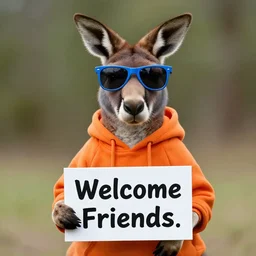 A portrait photo of a kangaroo wearing an orange hoodie and blue sunglasses holding a sign on the chest that says Welcome Friends, subject: kangaroo, subject detail: wearing orange hoodie, wearing blue sunglasses, subject action: holding sign