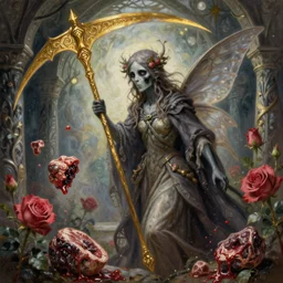 breathtaking detailed soft painting of a fairy grim reaper with golden scythe in an art nouveau crypt, rose flowers and bleeding meat floating around, rembrandt style, volumetric lighting, concept art, matte, sharp focus, art by celestialfang, matchach, dustin panzino, trending on artstation