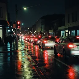 cars, traffic light, san francisco at night, taillights, puddles, reflections, wet street, lining on the road. pedestrians, colorpalette of blade runner, cinematic, dashcam - footage, filmic, film grain
