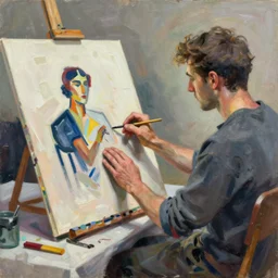painting in the style of ivon hitchins and john craxton. still life on a table. seated figure. studio lighting. large hands drawing on painting, brush marks. holding. expressive abstracted figures. ai