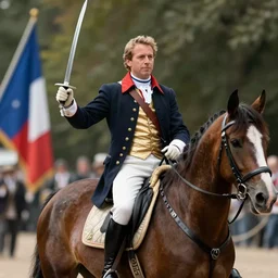 geert wilders in a french revolution costume holding a sabre and riding a horse