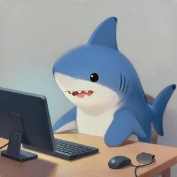 a very cute shark using a computer, wholesome, realistic oil painting, smooth