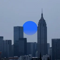 A blue sun sinking behind a modern city skyline by Dan Mumford and Dean Ellis and John Atkinson Grimshaw and Anton Fadeev, black border, vibrant, sunset, art nouveau
