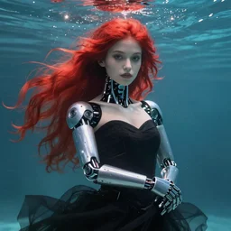 portrait of a robot girl with long red hair in a black dress, under water, very beautiful enga style, girl wrapped in color, photorealism albrecht durer george copeland ault