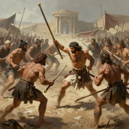 a peasant fighting with a quarterstaff against a dozen enemies. termopilas. intricate, elegant, highly detailed, digital painting, artstation, concept art, sharp focus, illustration, by justin gerard and artgerm, 8 k