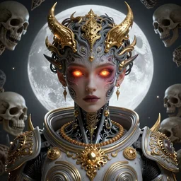 intricate, young, beautiful, boy, demon with flaming light eyes, Symmetrical face, insanely detailed, fractal patterns, robot neck, ethereal, golden ratio, elegant, ornate, luxury, elite, horror, creepy, ominous, wearing space suit with gold jewellery, moon behind her, cinematic, skulls, Tsutomu Nihei, Emil Melmoth, Gustave Dore, Craig Mullins, yoji shinkawa, Luis Royo, pete morbacher, Volumetric Lighting, octane render, 4k, super wide angle