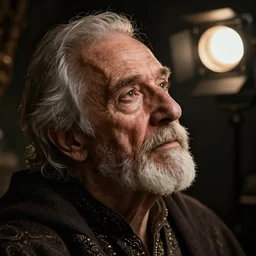 portrait of an old, medieval alchemist in the dark, close up, leaning head, he is looking into the distance thoughtfully!!. studio lighting bright ambient lighting key light, fantasy, detailed, photorealistic portrait by michael komarck, greg rutkowski, victo ngai, artgerm and j. dickenson