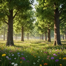 Furry trees in a flowery meadow, 4K octane render, volumetric lighting