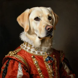 a renaissance portait painting of a labrador dog wearing royal clothes, high detail, high quality