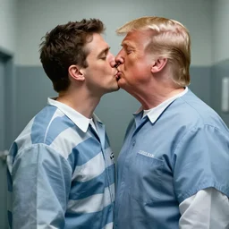 portrait of Alex Jones kissing donald trump and wearing prison clothes in a prison jail cell behind bars, craig mullins, vibrant color, octane