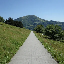 a long paved trail leading to a distant Mountain