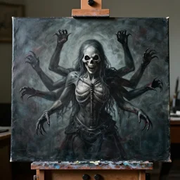 a scary multi armed machine painting on an easel and canvas