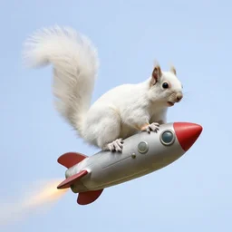 a white squirrel mounted on a rocket