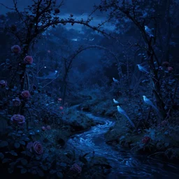 a surreal small twilight creek - garden, rose - brambles, lambent - birds, mystery - magic, serene overcast atmosphere, midnight - blue, blue - black, royal - blue, cel - shading, cinematic, edge - to - edge print, rendered by studio ghibli, alyssa monks, andreas rocha, david kassan, neil blevins, tuomas korpi, artgerm