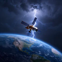 a satellites falling into the earth from the outer space, thunderstorm in the sky, blue lighting, gloomy, atmospheric lighting, detailed, by greg rutkowski, trending on artstation