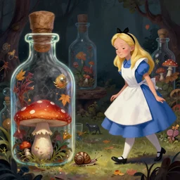 Hell and heaven, captured in bottles, an elderly mushroom walking their pet snail, The Autumn Plague Gardener, the theme of Alice in Wonderland, digital painting, its softness partakes of fluidity, illustration, deep dark, artstation, intricate, beautiful and thematically complex, ue5, by deiv calviz and bossmonsterbani