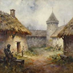 paint brush strokes, abstract watercolor painting of rustic village fortress, interior closeup, medieval straw roof, scandinavian viking age, fog, ambient lighting, art by hans dahl, by jesper ejsing, art by anders zorn, wonderful masterpiece by greg rutkowski, cinematic light, american romanticism by greg manchess, creation by tyler edlin