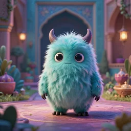 little fluffy monster in a lovely iranian palace garden. upcoming 3 d animation by an indie studio, rimlighting, depth of field, limited but vibrant palette, intricate details, gothic horror, chiaroscuro, bokeh.