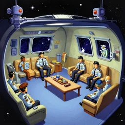 an officer\'s living quarters on a space station, from a space themed Lucasarts point and click graphic adventure game made in 1998