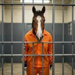 horse wearing orange inmate clothes, in a jail