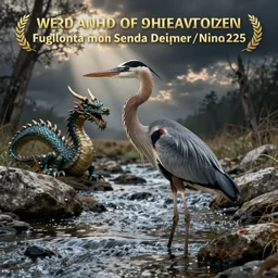 giant great blue heron dragon wading in a rocky river. fantasy monster concept art