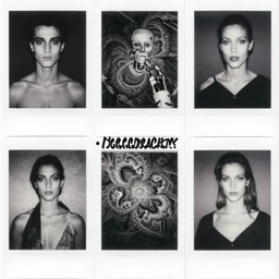 a black and white photo of cybernetic androgyny making art, mandelbrot, in the style of egon schiele, wassily kandinsky, m c escher, gary baseman, jenny saville, surreal, film photography, soft lighting, fashion photography, polaroid photography