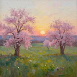 an extraordinarily beautiful oil painting of a landscape in spring during sunrise ; the most beautiful painting in the world