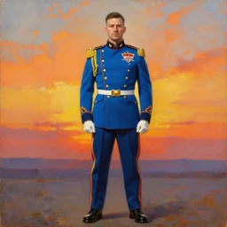 full body portrait of the dictator of the oklahoma city thunder, 1 8 8 9, in full military garb, thunder blue, sunset, navy blue and yellow, oil on canvas by william sidney mount, trending on artstation