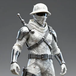 focused 3 d rendering of marble and chrome statue of ninja wearing full face mask and hunter hat, combat suit, technological, octane render, all marble