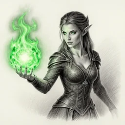 a female elvish sorceress casting a green fireball | | pencil sketch, realistic shaded, fine details, realistic shaded lighting poster by greg rutkowski, magali villeneuve, artgerm, jeremy lipkin and michael garmash and rob rey