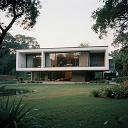 a beautiful contemporary masterpiece modern brutal house surrounded by trees and lake in central india, featured on architecture daily, shot by alex webb on large format film, cinematic composition, beautiful lighting, no frames