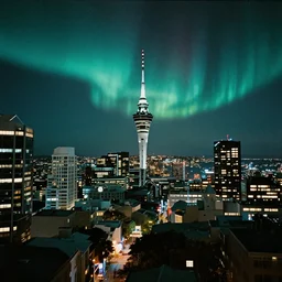 auckland city at night, cyberpunk 2 0 7 7 style, aurora and stars visible in the night sky, film grain, 3 5 mm film, 8 k, 4 k, panorama shot, realistic