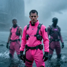 cinestill hasselblad candid award winning press portrait by robert capas of cyberpunks wearing rugged neon pink mesh techwear in treacherous waters, wideangle, extreme motion blur, modern cyberpunk moody depressing cinematic, pouring rain, 8 k, hd, high resolution, 3 5 mm, f / 3 2, ultra realistic faces, ex machina
