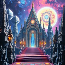 the futuristic temple of transcendence highly ornate, metaphysical utopia, stargate portal, parallax poster composition, 8 k highly detailed hyperornate high contrast and sharp neon colors, oil painting b