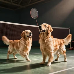 Golden retrievers playing badminton