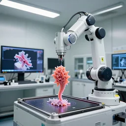 a complex thick bifurcated robotic cnc surgical arm cybernetic symbiosis hybrid mri 3 d printer machine printing some highly detailed larval stage ferrari motor fractal forms in inspection laboratory control panel room, 4 k, large monitor screens, knobs, drone camera lens orbs, bright lighting, octane render, natural color scheme, photo still from movie by denis villeneuve,