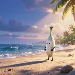 cocumber makes holiday on a beach, pixar style
