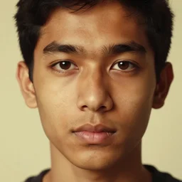 close - up pov shot, studio photography centered portrait of a beautiful indian and southeast asian man in his teens, light brown eyes, diamond - shaped face, in the style of saul leiter, kodachromatic, warm lighting, 2 4 mm, 8 k