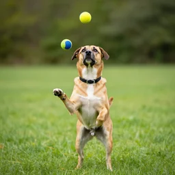 a dog juggling 3 balls