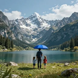 An epic landscape photograph of a Mountainrange and a lake, with A family at the center of the image. The man is holding a blue umbrella in his right hand, unreal 5, DAZ, hyperrealistic, octane render, dynamic lighting