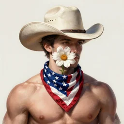 a portrait of a flower with a cowboy hat on with an American flag scarf, D&D, sci-fi, elegant, hopeful, muscular, highly detailed, digital painting, artstation, concept art, smooth, sharp focus, illustration