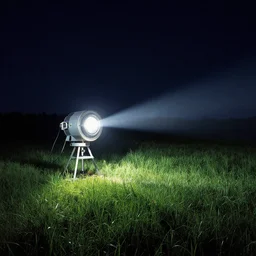 teleportation machine in a field at night, light shining from the machine and illuminating the grass by mikalojus konstantinas ciurlionis