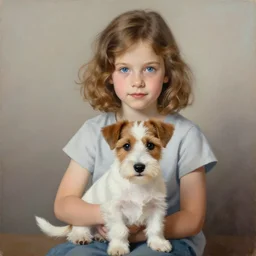 a seven year old girl with short wavy curly light brown hair and blue eyes sitting with a very cute wire haired jack russell terrier puppy, white with brown patches over both eyes. detailed, high quality painting by artgerm and greg rutkowski and lois van baarle