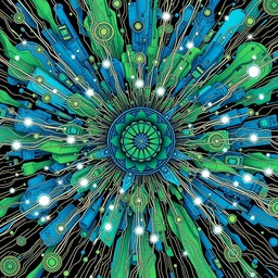 shades of blue and green forming art nouveau explosions, white lining, vivid colors, intricate, ornate, circuitry, gears, sparkle, extremely hyperdetailed line art, sharp focus