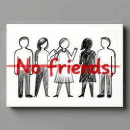 sign with drawn stylized people and a red line on them. no friends.