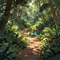 jungle park landscape scene, serene, peaceful, paths, water, plantlife, dappled sunlight, rolling expanse, by james gurney, beth sobel, cell shaded