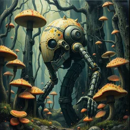 high intricate splatter paint of biomechanical robot inside otherworldly fungi forest, neil gaiman, maria panfilova, andrea savchenko, mike kime, ludovic plouffe, qi shengluo, oliver cook, julian calle, eddie mendoza, trending on artstation