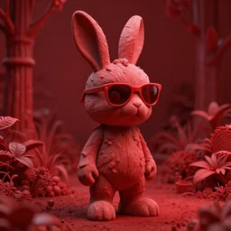 rabbit groot as marble statue, red sunglasses, in red gardens, soft red texture, very realistic 3 d render, soft red lights, 4 k, high detailed photography red, 5 0 mm lens, rich red colors, smooth gradients, depth of field, cinematic, hyper realism, high detail, octane render, unreal engine, 8 k, vibrant red colors