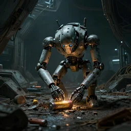 A single weak light enlighten the scene of a futuristic abandoned and derelict space station. A humanoid looking robot is scavenging for the last battery. 4K , Highly detailed , High details , Dead space , System shock 2