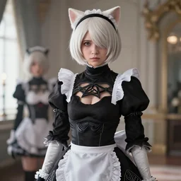 Film still of 2B nier automata wearing a cat maid suit, trending on artstation, artstationHD, artstationHQ
